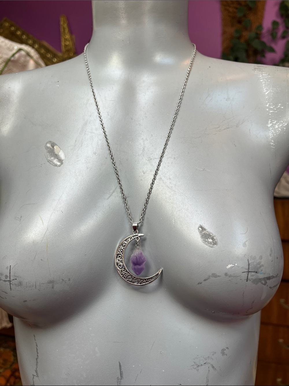 Silver tone crescent moon with purple amethyst crystal stone necklace